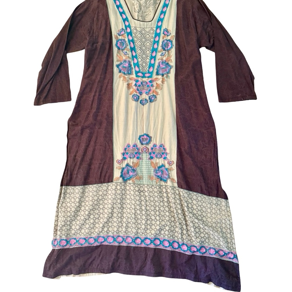 Vintage Brown & Cream Embroidered Kaftan Kurta Maxi Dress with Blue & Pink XL